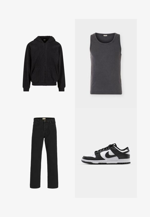 Sort zip-hoodie med et tekstureret mønster, der har hætte, to forlommer og ribbede cuffe og kant. Fremstillet af blødt stof.; Mørkegrå ribbet ærmeløs top med rund halsudskæring, vist fladt på en lys baggrund.; Sorte denim jeans med lige ben, fem lommer, knaplukning og bæltestropper, vist forfra mod en hvid baggrund.; Sort og hvid Nike Dunk sneakers med læderoverdel, perforeret tå, sorte snørebånd og en sort gummisål med slidbanedesign.