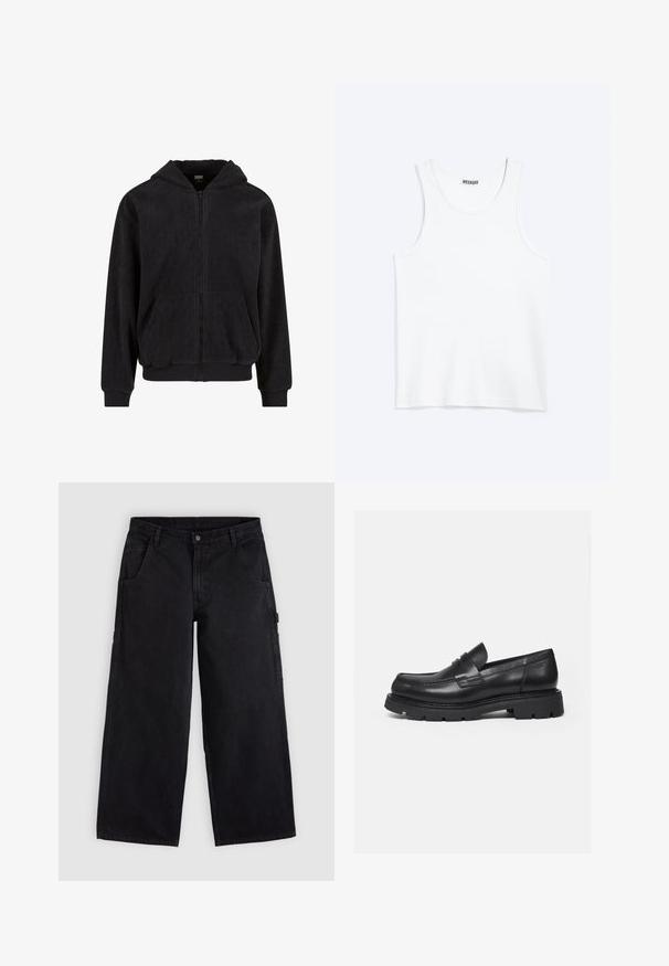 Zwarte rits-hoodie met een gestructureerd patroon, voorzien van een capuchon, twee voorzakken en geribbelde mouwen en onderrand. Gemaakt van zachte stof.; Wit mouwloos hemdje met ronde hals en Weekday-merklabel aan de binnenkant van de achterkraag, plat weergegeven op een lichte achtergrond.; Zwarte werkbroek met wijde pijpen, riemlussen, voorzakken en een knoopsluiting, weergegeven op een effen lichte achtergrond.; Zwarte leren loafer met dikke geribbelde zool en pennyriemdetail, getoond in rechter zijprofiel op witte achtergrond.