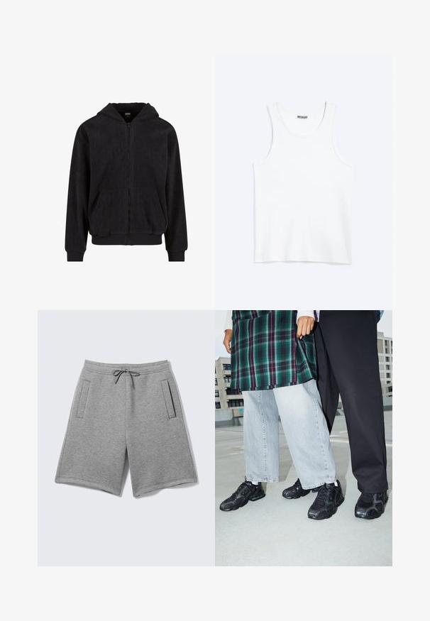 Zwarte rits-hoodie met een gestructureerd patroon, voorzien van een capuchon, twee voorzakken en geribbelde mouwen en onderrand. Gemaakt van zachte stof.; Wit mouwloos hemdje met ronde hals en Weekday-merklabel aan de binnenkant van de achterkraag, plat weergegeven op een lichte achtergrond.; Lichtgrijze casual shorts met een verstelbare tailleband met koord en twee verticale zijzakken op een effen achtergrond.; Zwarte sportieve schoenen met mesh- en rubberaccenten. Draagt een lichtgrijze wijde spijkerbroek en een groen geruit shirt. Effen achtergrond.