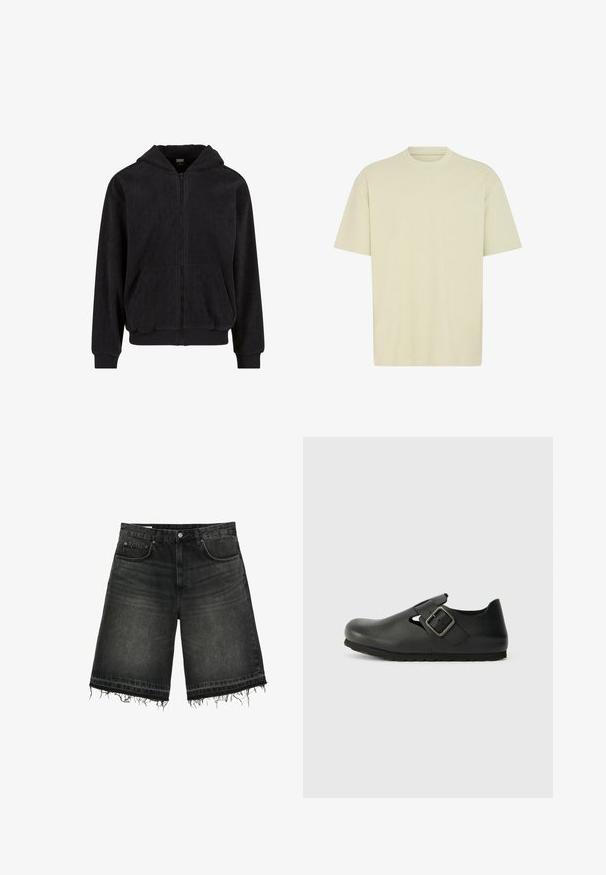 Sort zip-hoodie med et tekstureret mønster, der har hætte, to forlommer og ribbede cuffe og kant. Fremstillet af blødt stof.; Lysebeige kortærmet T-shirt med rund hals. Blødt bomuldsmateriale, afslappet pasform og minimalistisk design. Ingen synlige mønstre eller detaljer.; Sorte denimshorts med frynset kant, forreste knap, lynlås, bæltestropper og design med fem lommer.; Sorte læderklipklapper med rund tå, udskæringsdesign og en sidelukning med spænde. Sålen har struktureret overflade for bedre greb.