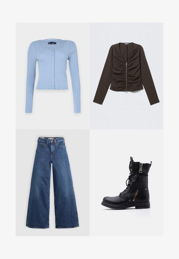 Lysblå ribbestrikket cardigan med lange ærmer, rund halsudskæring med bølgede kanter og knaplukning med små dekorative knapper.; Brun bluse med lange ærmer, dyb V-hals, rynket frontdesign og en central lynlås ned midten. Fremstillet af glat, tætsiddende stof.; Bredde jeans i blå denim med fem lommer, knaplukning og kontraststing, der har en blød og tekstureret overflade.; Sort læderkampstøvle med sidelås, snørebånd, teksten "REPLAY MFG & CO" og en lav stablet hæl på en hvid baggrund.