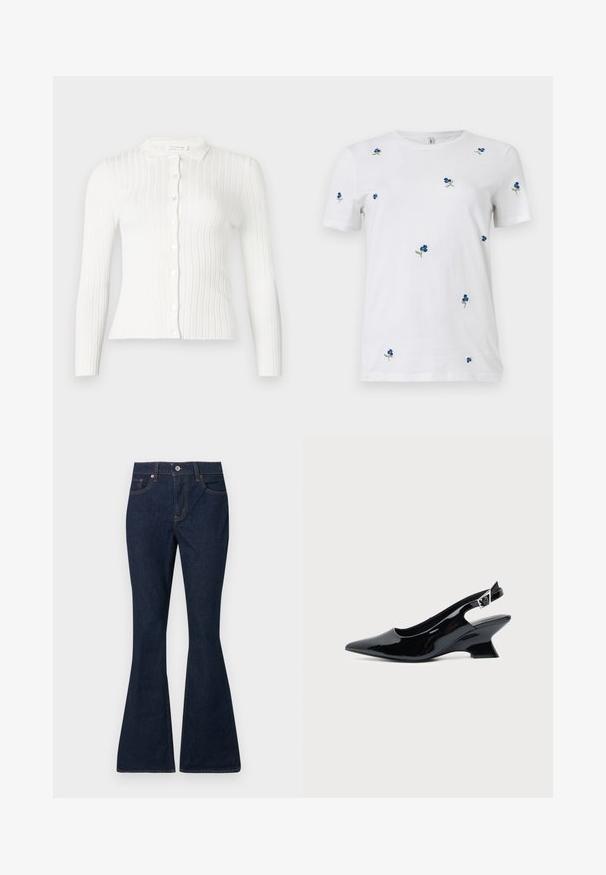 Cardigan blanc en maille côtelée avec manches longues, boutons à l'avant et petit col.; T-shirt blanc à manches courtes avec une petite broderie dispersée de fleurs bleues et de tiges vertes, col rond, fond uni.; Jean en denim bleu foncé avec une taille haute, bouton et fermeture éclair à l'avant, style classique à cinq poches, et jambes évasées.; Chaussure slingback en cuir verni noir avec bout pointu et petit talon bloc incliné sur fond clair uni.