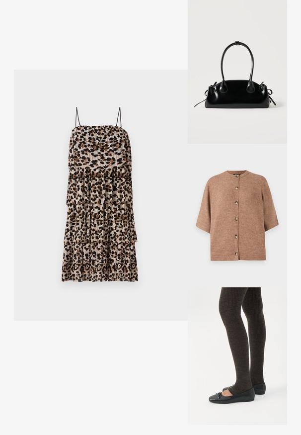 Brun kortærmet cardigan lavet af blødt stof, med rund halsudskæring og seks lyse knapper foran.; Plisseret midikjole med leopardmønster i nuancer af brunt og sort. Har tynde sorte stropper og lagdelte lag.; Ben iført mørke ribbede leggings kombineret med sorte balletsko med små sløjfedetaljer på hvid baggrund.; Lille sort blank håndtaske med to lange håndtag og snøre-detaljer i siden på en ensfarvet lys baggrund.