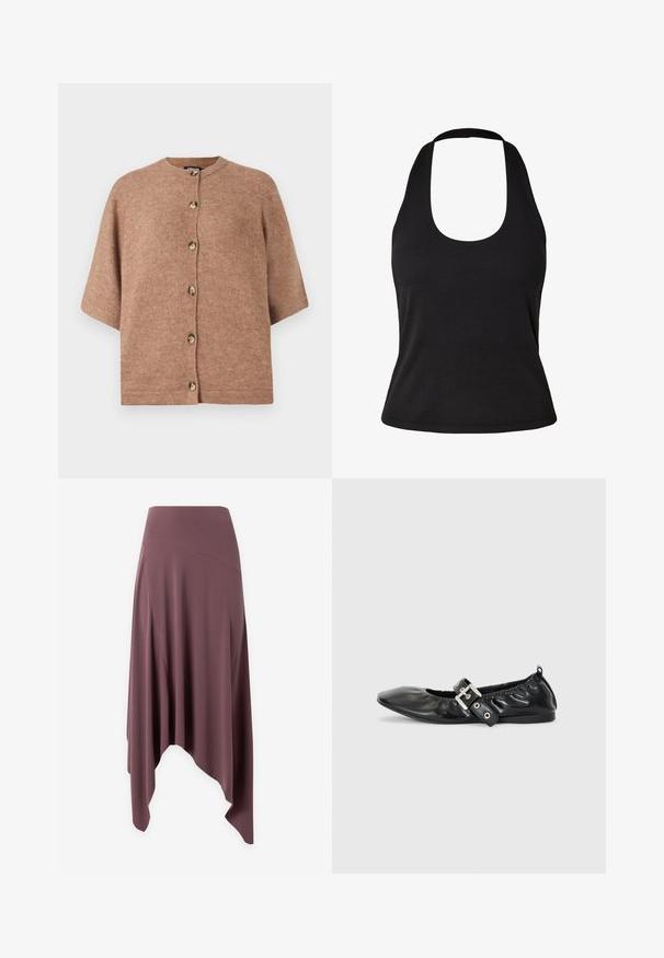 Brun kortærmet cardigan lavet af blødt stof, med rund halsudskæring og seks lyse knapper foran.; Sort ribbet ærmeløs haltertop med rundet udskæring og tætsiddende talje.; Asymmetrisk mauve midi-nederdel med høj talje og flydende stofpaneler på hvid baggrund.; Sorte læder flade sko med spids tå, samling detaljer omkring åbningen, og en sølv spænde accent på den justerbare rem.