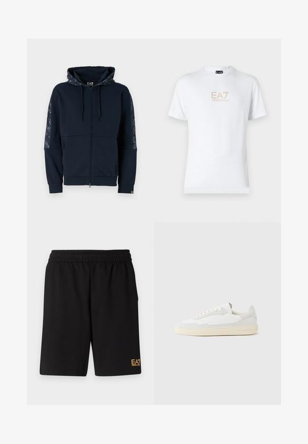 Marineblå zip-up hættetrøje med mønstret hætte, sorte detaljer, ribbede manchetter og en blød tekstur. Har brandede detaljer på ærmerne.; Hvid bomulds t-shirt med rund halsudskæring og korte ærmer, prydet med et gold EA7 Emporio Armani logo trykt på forsiden.; Sorte atletiske shorts lavet af blødt stof, med en elastisk talje og et lille gult EA7-logo nederst på venstre ben.; Hvid sneakers med en øvre del i tekstureret ruskind og læder. Har rundet tå, snørelukning og kontrasterende beige gummisål.