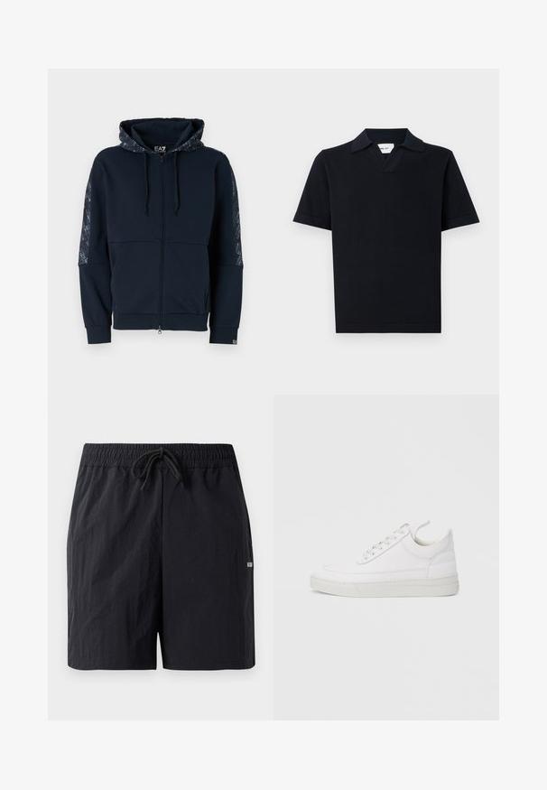 Marineblå zip-up hættetrøje med mønstret hætte, sorte detaljer, ribbede manchetter og en blød tekstur. Har brandede detaljer på ærmerne.; Sort kortærmet polo shirt lavet af et glat stof, med en klassisk krave og et diskret V-hals design samt en lige kant.; Sorte badeshorts lavet af struktureret stof, med elastisk talje med snor og et lille logo på siden.; Hvid lædersneaker med rundet tå, flad sål og snørebånd foran. Har syningsdetaljer og polstret krave for komfort.