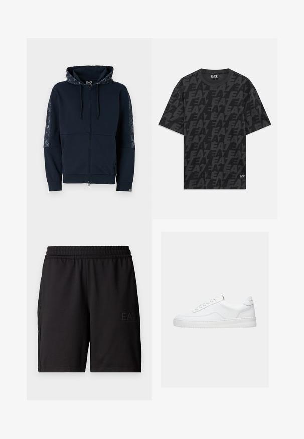 Sudadera con cremallera en color azul marino, con capucha estampada, detalles en negro, puños acanalados y textura suave. Presenta detalles de la marca en las mangas.; Camiseta negra de manga corta con cuello redondo, con logotipos oscuros de "EA7" que se repiten y una pequeña etiqueta de EA7 Emporio Armani en el dobladillo.; Pantalones cortos deportivos negros hechos de un tejido ligero, con una cinturilla elástica y paneles laterales de malla. Logo de la marca impreso en la parte delantera.; Zapatilla deportiva blanca de corte bajo con diseño con cordones, parte superior de cuero liso y suela gruesa, vista de lado sobre un fondo liso.