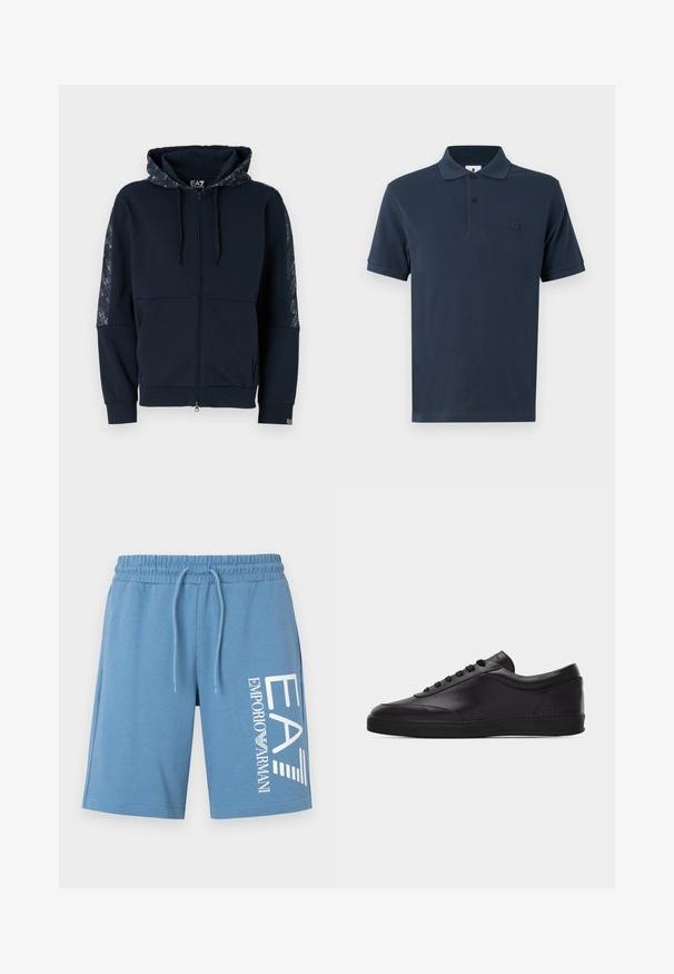 Sudadera con cremallera en color azul marino, con capucha estampada, detalles en negro, puños acanalados y textura suave. Presenta detalles de la marca en las mangas.; Polo de color azul marino hecho de algodón, con cuello clásico, mangas cortas y un sutil logo en contraste en el lado izquierdo del pecho. Textura suave.; Pantalones cortos azul claro hechos de tela suave, con cintura de cordón y un gran logo blanco impreso en el lado izquierdo.; Zapatilla baja negra de cuero con cordones en la parte delantera y suela plana de goma, mostrada de perfil sobre un fondo blanco liso.