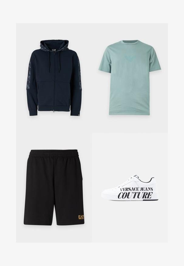 Sudadera con cremallera en color azul marino, con capucha estampada, detalles en negro, puños acanalados y textura suave. Presenta detalles de la marca en las mangas.; Camiseta de manga corta de color verde azulado claro con cuello redondo y un logo sutilmente en relieve en el centro del pecho.; Pantalones cortos deportivos negros de tejido suave, con una cintura elástica y un pequeño logo amarillo de EA7 en la parte inferior de la pierna izquierda.; Zapatilla blanca de perfil bajo con forro interior negro, cierre con cordones en la parte delantera y un gran texto negro "Versace Jeans Couture" en el lateral de la suela y la parte superior.