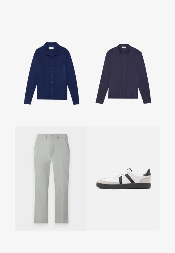 Maritiemblauwe, knoopsluiting cardigan van textuurstof, met een kraag en lange mouwen, voorzien van zes bijpassende knopen.; Marineblauwe longsleeve shirt van een gladde stof, met een knopenlijst aan de voorkant, een puntige kraag en een iets ontspannen pasvorm.; Lichtgrijze broek met een gladde textuur, rechte snit, zijzakken en een enkele knoopsluiting bij de taille.; Witte sneaker met zwarte en grijze accenten, voorzien van een grijze neus met textuur, zwarte rubberen zool en platte witte veters. Schoon ontwerp, minimalistische stijl.