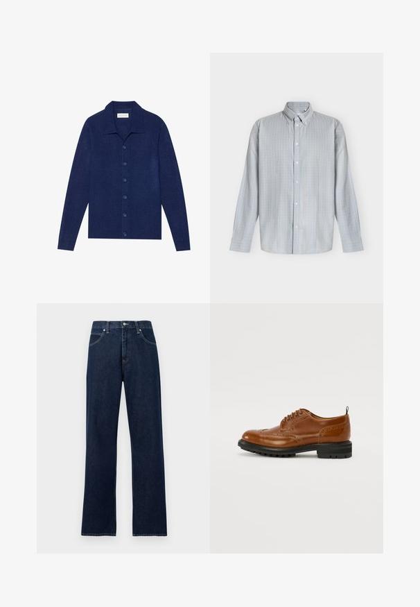 Marineblå knap-op cardigan, lavet af struktureret stof, med krave og lange ærmer, forsynet med seks matchende knapper.; Lyseblå og beige ternet skjorte med lange ærmer og knapper foran, med knaplukket krave, vist på en ensfarvet grå baggrund.; Mørkeblå denimjeans med lige ben, fem lommer, bæltestropper og lukning med knap og lynlås foran.; Brun læder oxford sko med wingtip-design, rund tå, detaljeret broguing og sort gummi sål. Har snørebåndslukning og et trækkebånd.