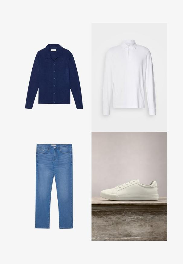 Maritiemblauwe, knoopsluiting cardigan van textuurstof, met een kraag en lange mouwen, voorzien van zes bijpassende knopen.; Witte lange mouwen polohemd met kraag en twee knopen, weergegeven op een lichtgrijze achtergrond.; Lichtblauwe spijkerbroek met een rechte pijp, vijf zakken, subtiele vervaging en metalen accenten op de taille en zakken.; Witte vetersneaker die boven een houten bank zweeft met groene bladeren op de achtergrond, waarbij het ontwerp en de textuur van de schoen worden getoond.