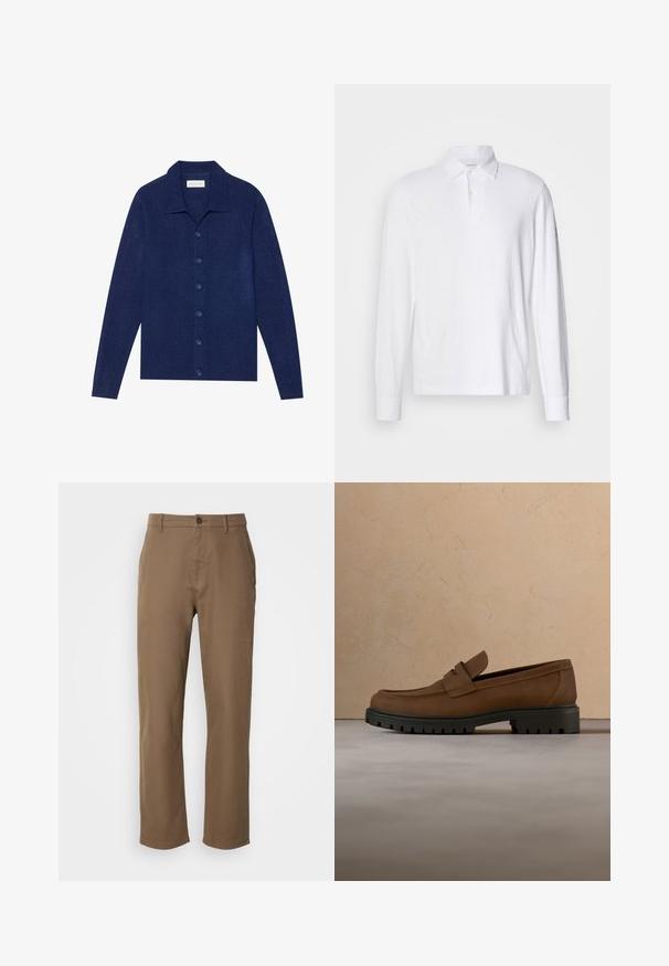 Marineblå knap-op cardigan, lavet af struktureret stof, med krave og lange ærmer, forsynet med seks matchende knapper.; Hvid langærmet polo shirt med krave og to knapper, vist på en lys grå baggrund.; Brune bomuldsbukser med lige pasform, knaplukning og sidelommer. Har en glat overflade og et enkelt, udekoreret design.; Mørkebrune læderloafer med tyk sort gummisål vist over en beige tæppe- og sofa baggrund.