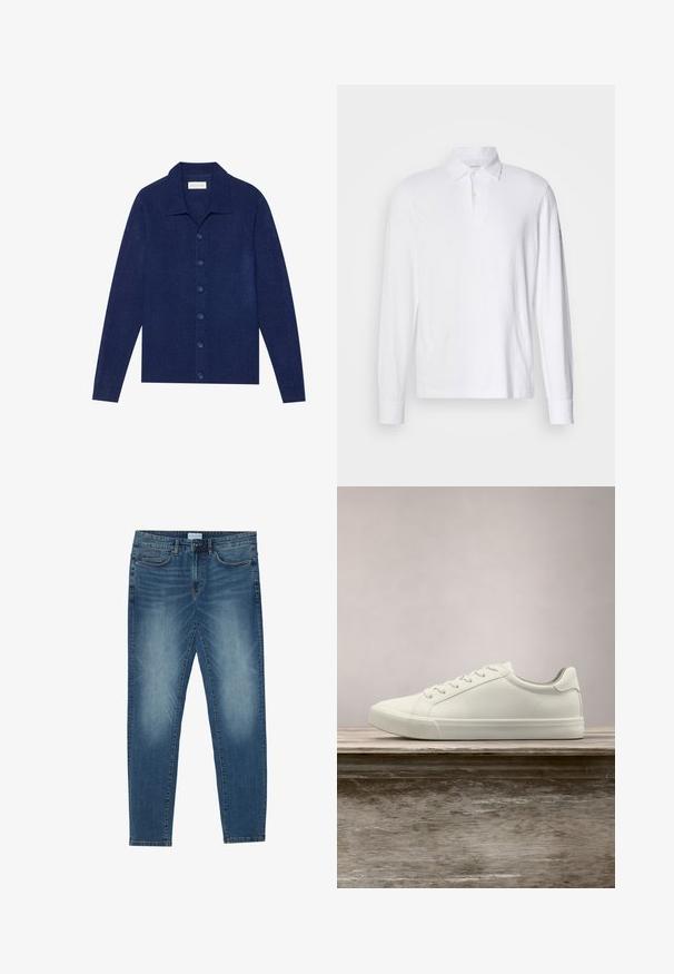 Maritiemblauwe, knoopsluiting cardigan van textuurstof, met een kraag en lange mouwen, voorzien van zes bijpassende knopen.; Witte lange mouwen polohemd met kraag en twee knopen, weergegeven op een lichtgrijze achtergrond.; Middenblauwe denim jeans met een vervaagde was, vijfzakdesign, rechte pasvorm en gestikte accenten. Sluiting met knoop en rits.; Witte vetersneaker die boven een houten bank zweeft met groene bladeren op de achtergrond, waarbij het ontwerp en de textuur van de schoen worden getoond.