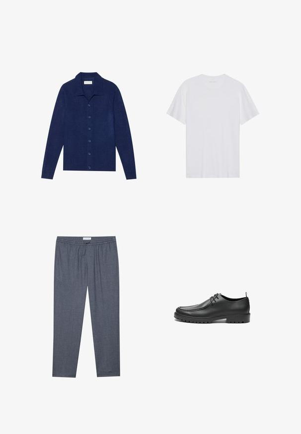 Maritiemblauwe, knoopsluiting cardigan van textuurstof, met een kraag en lange mouwen, voorzien van zes bijpassende knopen.; Witte katoenen T-shirt met korte mouwen, een ronde hals en een gladde textuur. Heeft minimale branding op de halslijn.; Grijze, rechte broek met een drawstring taille en subtiele textuur. De stof lijkt zacht en comfortabel, geschikt voor casual kleding.; Zwarte lederen schoenen met een gladde afwerking, ronde neus en decoratieve stiksels. Beschikt over een rubberen zool met tractiegrepen en een vetersluiting.
