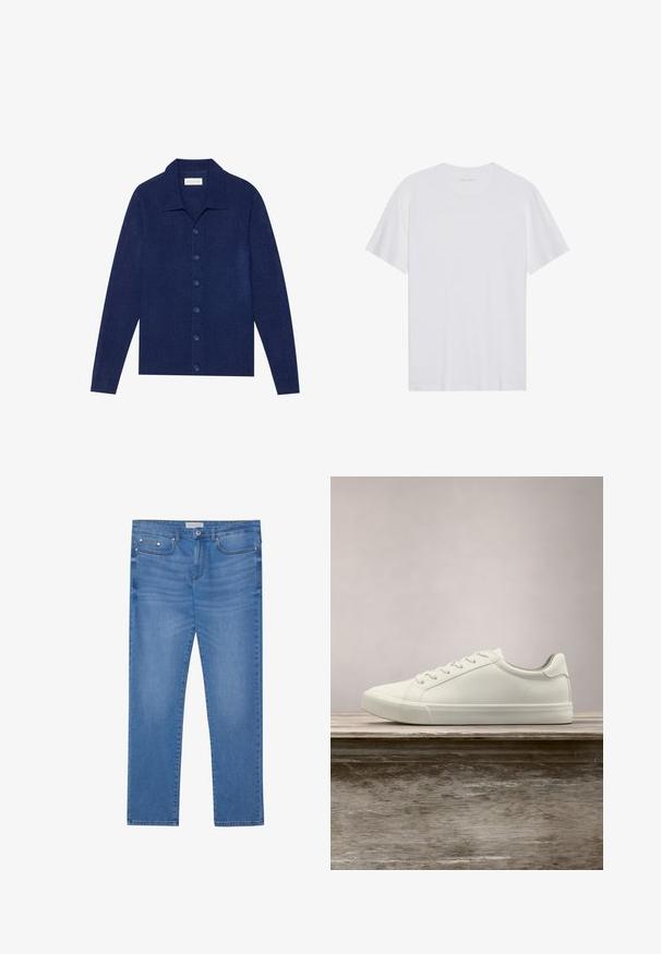 Cardigan bleu marine à boutons, en tissu texturé, avec col et manches longues, comportant six boutons assortis.; T-shirt en coton blanc à manches courtes, col rond et texture lisse. Présente un branding minimal au niveau du col.; Jeans en denim bleu clair avec une coupe droite, design à cinq poches, décoloration subtile et accents en métal au niveau de la taille et des poches.; Sneaker en dentelle blanche flottant au-dessus d'un banc en bois avec un feuillage vert en arrière-plan, mettant en valeur le design et la texture de la chaussure.