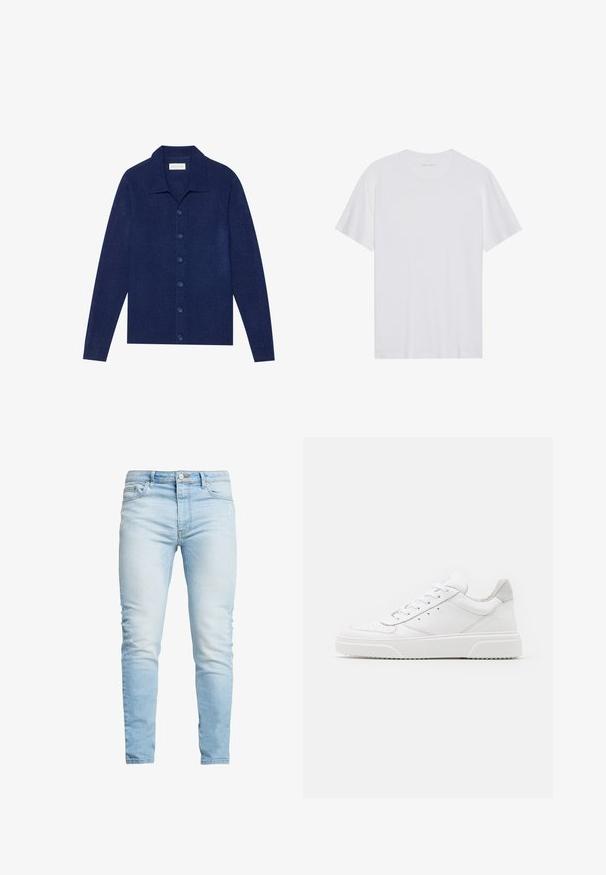 Maritiemblauwe, knoopsluiting cardigan van textuurstof, met een kraag en lange mouwen, voorzien van zes bijpassende knopen.; Witte katoenen T-shirt met korte mouwen, een ronde hals en een gladde textuur. Heeft minimale branding op de halslijn.; Lichtblauwe denim jeans met een slim fit, met een hoge taille en subtiele vervaging, knoopsluiting en vijf-pocket ontwerp.; Witte leren sneakers met een gladde afwerking, ronde neus, platte veters en een gestructureerde zool. Grijze suède accent bij de hiel.