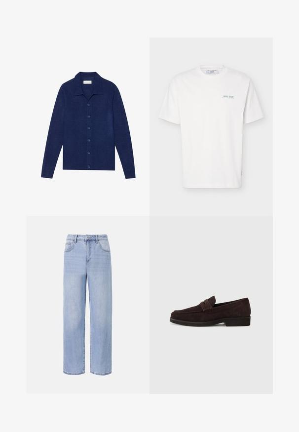 Maritiemblauwe, knoopsluiting cardigan van textuurstof, met een kraag en lange mouwen, voorzien van zes bijpassende knopen.; Wit T-shirt met korte mouwen en ronde hals, met kleine groene tekst "JUICE IT UP Marc O'Polo Denim" op het linkerborstgebied.; Lichtblauwe denim jeans met een ontspannen, wijde pasvorm. Kenmerken zijn onder andere vijf zakken, een sluiting met een knoop aan de voorkant en subtiele vervaging.; Bruine suède loafers met een lage profiel en ronde neus. Heeft een decoratieve band over de bovenkant, een platte rubberen zool en geen zichtbare stiksels.