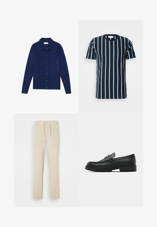 Marineblå knap-op cardigan, lavet af struktureret stof, med krave og lange ærmer, forsynet med seks matchende knapper.; Marineblå stribet t-shirt med lodrette hvide striber, rund halsudskæring, korte ærmer og en afslappet pasform. Glat bomuldsstof.; Beige, elastisk taljebukser med snoretræk. Har lige ben og en glat tekstur, velegnet til afslappet brug eller afslapning.; Sorte læder loafers med rund tå, der har et syet design, lav platformssål og en struktureret, skridsikker gummisål.