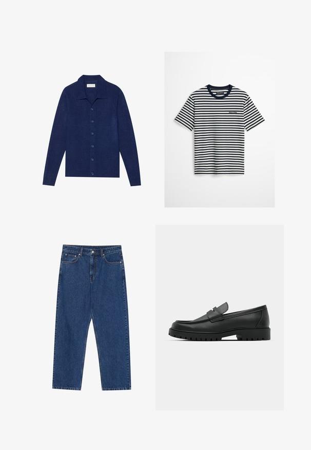 Maritiemblauwe, knoopsluiting cardigan van textuurstof, met een kraag en lange mouwen, voorzien van zes bijpassende knopen.; Navyblauw en wit horizontaal gestreept T-shirt met korte mouwen, een navyblauwe kraag en een klein Marc O’Polo-logo op de borst.; Donkerblauwe denim jeans met een rechte pijp, voorzakken en een knoopsluiting met contrasterende stiksels.; Zwarte leren instappers met een ronde neus, voorzien van een gestikt ontwerp, een lage platformzool en een gestructureerde, grof rubberen buitenzool.