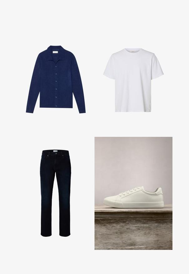 Marineblå knap-op cardigan, lavet af struktureret stof, med krave og lange ærmer, forsynet med seks matchende knapper.; Enkelt hvid kortærmet T-shirt med rund hals, almindelig pasform og glat stofstruktur, vist på en hvid baggrund.; Mørkeblå jeans med lige ben, forlommer, bæltestropper og knaplukning i taljen.; Hvide snørresneakers svævende over en træbænk med grønne planter i baggrunden, der fremhæver skodesign og tekstur.