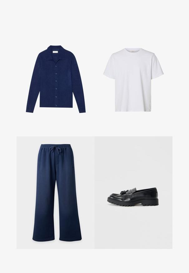 Marineblå knap-op cardigan, lavet af struktureret stof, med krave og lange ærmer, forsynet med seks matchende knapper.; Enkelt hvid kortærmet T-shirt med rund hals, almindelig pasform og glat stofstruktur, vist på en hvid baggrund.; Marineblå brede sweatpants med elastisk talje og justerbar snøre, vist mod en ensfarvet baggrund.; Sorte læder loafers med en blank finish, kraftig gummisål og dekorativt frynse-detalje på forsiden.