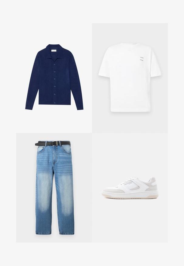 Marineblå knap-op cardigan, lavet af struktureret stof, med krave og lange ærmer, forsynet med seks matchende knapper.; Hvid bomulds t-shirt med en afslappet pasform, korte ærmer og V-udskæring. Har to små sorte trykte logoer på venstre side.; Lys blå denim jeans med lige ben, udstyret med et sort bælte, falmede pletter og subtil diagonalt mønster i den øverste sektion.; Lavprofileret hvid og lysebeige sneaker med snørelukning, polstret krave og gummisål på en ensfarvet lys baggrund.