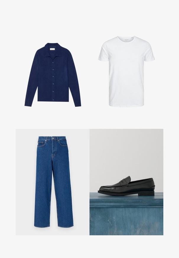 Marineblå knap-op cardigan, lavet af struktureret stof, med krave og lange ærmer, forsynet med seks matchende knapper.; Rundhals kortærmet t-shirt i ensfarvet hvid, lavet af blød bomuld, har et simpelt design uden synlige mønstre eller detaljer.; Bredde ben blå jeans lavet af denim, med høj talje, fem-lomme design og kontrastsyninger langs sømene og lommerne.; Sorte læderloafers med et slankt design, der har syning ved tåen og en glat finish. Skoen har en lav hæl og minimal udsmykning.