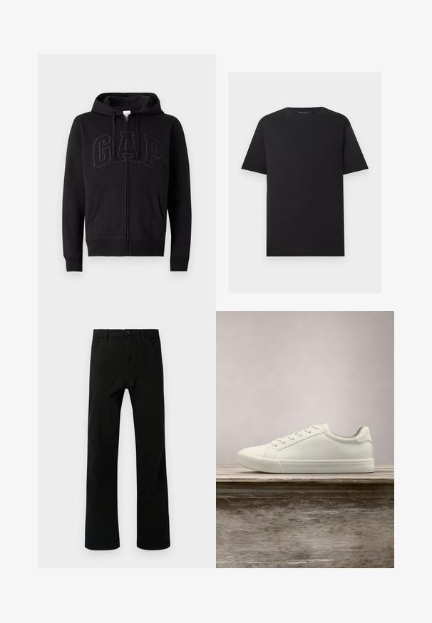 Sweat à zip noir en mélange de coton. Dispose d'une poche kangourou, d'une capuche avec cordon de serrage et d'un grand logo GAP à l'avant en gris foncé.; T-shirt noir à manches courtes et col rond avec un design uni, présenté à plat sur un fond gris clair.; Pantalons noirs à jambe droite avec poches avant, fermeture par bouton et passants de ceinture, présentés sur un fond blanc.; Sneaker en dentelle blanche flottant au-dessus d'un banc en bois avec un feuillage vert en arrière-plan, mettant en valeur le design et la texture de la chaussure.