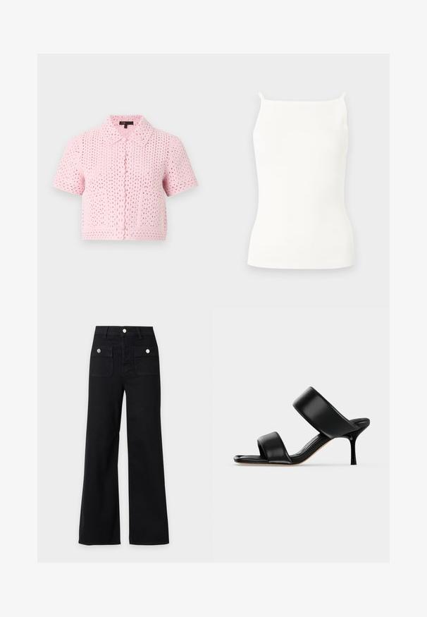 Cardigan rose à manches courtes en crochet avec col, boutons sur le devant et deux poches avant, présenté sur un fond gris clair.; Haut sans manches en maille côtelée blanche avec fines bretelles et encolure droite, présenté sur un fond gris uni.; Pantalon noir à jambes larges, taille haute, deux poches avant à rabat avec boutons argentés, passants de ceinture et fermeture frontale à boutons.; Sandale mule en cuir noir avec deux larges brides et un talon stiletto fin de hauteur moyenne sur un fond clair uni.