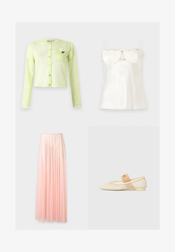 Gennemsigtig, langærmet, lys grøn cardigan med knaplukning og en lille brystlomme med et sort "BP" logo.; Hvid satin camisole med justerbare stropper, en struktureret, scalloped buste og en lige kant. Glat tekstur og minimalistisk design.; Lang, plisseret, lyserød chiffon nederdel med elastisk talje, vist mod en ensfarvet hvid baggrund.; Kræmfarvet flad sko med spids tå, snøredetalje og en dekorativ rem med logo på siden. Glat tekstur, lav hæl.
