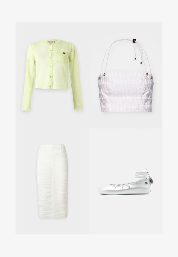 Gennemsigtig, langærmet, lys grøn cardigan med knaplukning og en lille brystlomme med et sort "BP" logo.; Hvid cropped top med et subtilt gentagende mønster. Har justerbare stropper og sølv hardware detaljer. Glat, letvægtigt stof.; Hvid midi blyantskørt med rynket tekstureret stof og en forreste søm, designet til en tætsiddende silhuet.; Hvid balletflad sko med bindebånd rundt om anklen, snørret front og lille metalmærke fastgjort til hælstrop, vist på en ensfarvet baggrund.