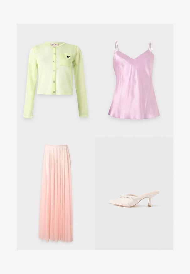 Gennemsigtig, langærmet, lys grøn cardigan med knaplukning og en lille brystlomme med et sort "BP" logo.; Lyserød satin camisole med tynde, justerbare spaghetti-stropper og en let V-udskæring, vist mod en ensartet hvid baggrund.; Lang, plisseret, lyserød chiffon nederdel med elastisk talje, vist mod en ensfarvet hvid baggrund.; Mulesko i lyst beige stof med et knyttet design foran, spids tå og en slank, tilspidset hæl. Glat tekstur over det hele.