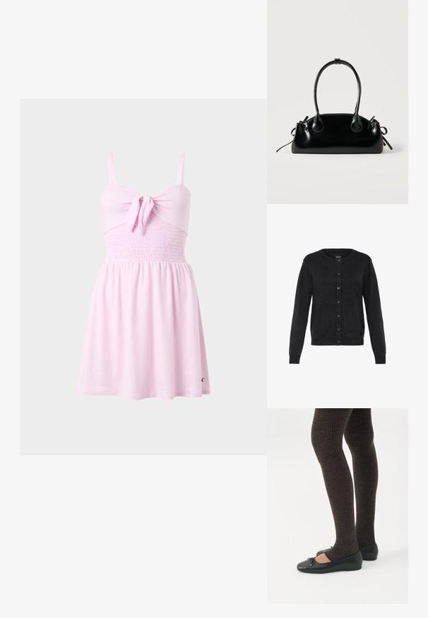 Cardigan noir en maille avec un col rond, des manches longues et une fermeture à boutons. Il présente une texture côtelée et un petit logo en accent.; Robe sans manches rose clair avec fines bretelles, détail nœud à l'avant, taille smockée et jupe légèrement évasée.; Jambes portant des leggings côtelés foncés associés à des ballerines noires avec de petits détails en nœud sur fond blanc.; Petit sac à main noir brillant avec deux longues anses et des détails à cordon sur les côtés sur un fond clair uni.
