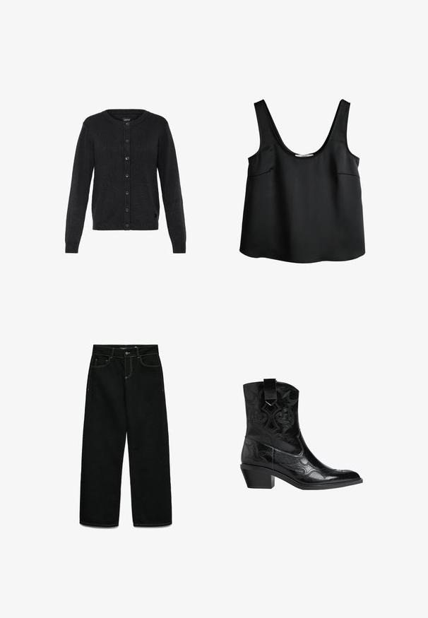 Sort strikket cardigan med rund halsudskæring, lange ærmer og knaplukning foran. Har ribbet tekstur og en lille logo-accent.; Sort ærmeløs top med rund halsudskæring og brede skulderstropper lavet af glat stof, vist mod en hvid baggrund.; Sorte vide ben jeans lavet af denim har kontrastgule syninger, en frontknaplukning og fire lommer. Glat tekstur og afslappet design.; Sort læder cowboystøvle med spids tå, dekorativ syning og lav blokhæl. Har et pull tab for nem påtagning.