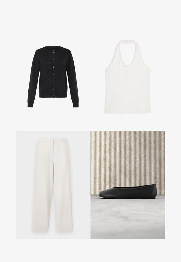 Sort strikket cardigan med rund halsudskæring, lange ærmer og knaplukning foran. Har ribbet tekstur og en lille logo-accent.; Hvid ærmeløs tanktop med rund halsudskæring, lavet af glat stof, lagt fladt på hvid baggrund.; Beige bomuldsbukser med lige ben-design, med en knaplukning, forlommer og en ren afslutning ved enderne.; Sorte læder balletflade med en rund tå, glat tekstur og en gulds logoaccent på siden. Placeret over en reflekterende overflade.