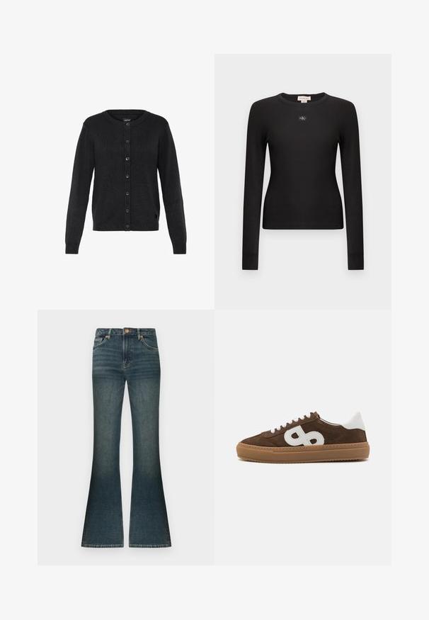 Sort strikket cardigan med rund halsudskæring, lange ærmer og knaplukning foran. Har ribbet tekstur og en lille logo-accent.; Sort langærmet ribbet top med rund hals og et lille CK-logo i midten. Har en tætsiddende pasform og blød tekstur.; Mørkeblå denim flared jeans med let lysfading, standardtalje og et klassisk fem-lomme design. Hardware i kobberfarve.; Brune ruskind sneakers med hvide læderdetaljer, der har et fremtrædende hvidt logo, rund tå, flad snørebåndslukning og en gummigummisål.