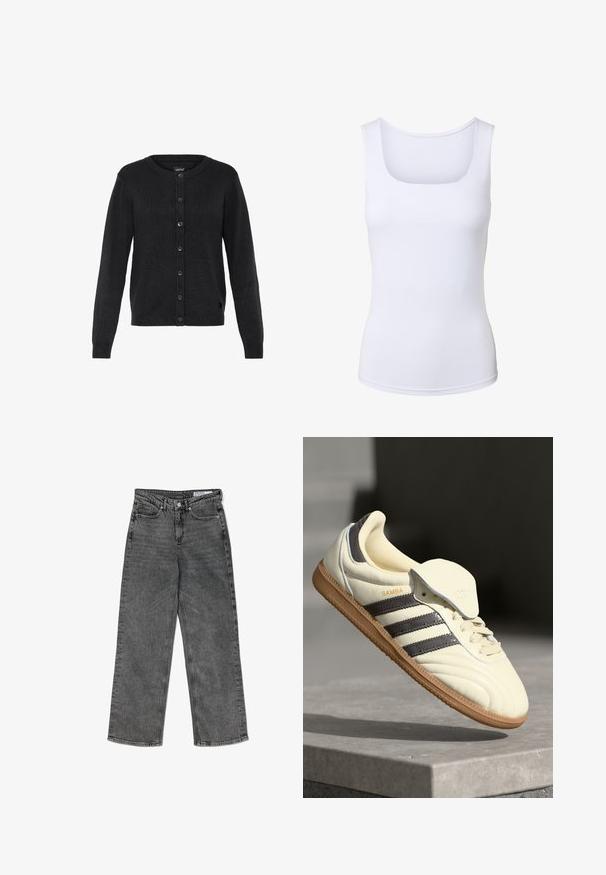 Sort strikket cardigan med rund halsudskæring, lange ærmer og knaplukning foran. Har ribbet tekstur og en lille logo-accent.; Hvid ærmeløs tanktop med firkantet halsudskæring, tætsiddende silhuet og glat stoftekstur.; Højtaljede sorte vasket lige ben jeans med forlommer, bæltestropper, knaplukning og et mærkets indre taljeband.; Cremefarvede lædersneakers med tre mørke striber, en brun gummisål og en afrundet tå. Har en foldbar tunge mærket "SAMBA."