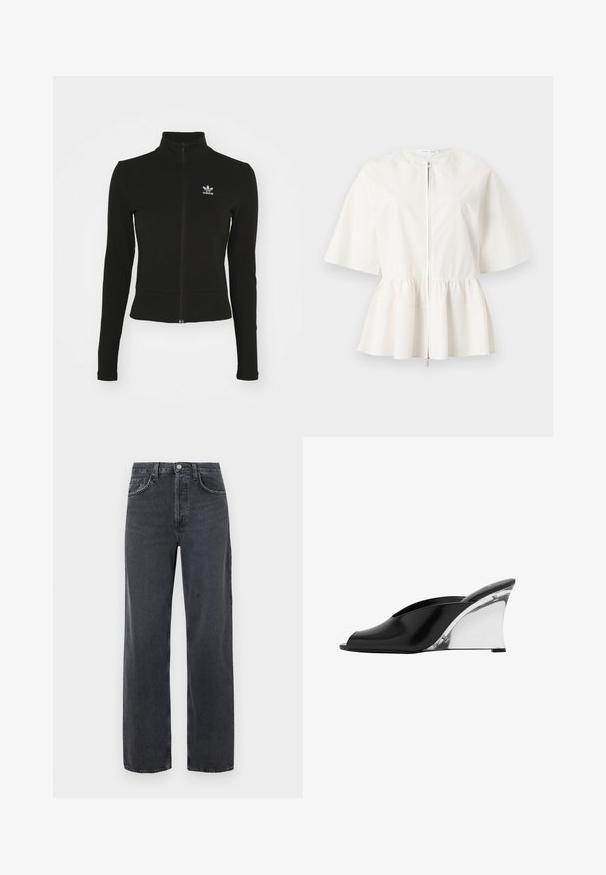 Sort zip-up jakke med lange ærmer, lavet af tekstureret materiale, med et lille blåt Adidas-logo på venstre bryst.; Hvid kortærmet bluse med frontlynlås og en rynket talje, der skaber en udvidet peplumkant.; Sort denimjeans med vide ben og en falmet finish, med to forlommer og knaplukning i taljen. Klassisk design med fem lommer.; Sort åben tå mule med en skinnende sølv kilehæl, slip-on stil og glat læderoverdel.