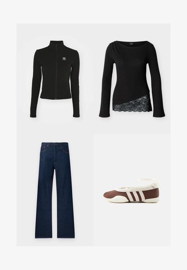 Sort zip-up jakke med lange ærmer, lavet af tekstureret materiale, med et lille blåt Adidas-logo på venstre bryst.; Sort langærmet top med ribbet tekstur og skrå kant med sort blonder i blomstermønster.; Mørkeblå denimjeans med lige ben, synlige syninger og fem traditionelle lommer, med knap- og lynlås-lukning.; Brun og hvid balletflad sko med tre hvide striber og ankelbånds sløjfe på en ensartet lys baggrund.