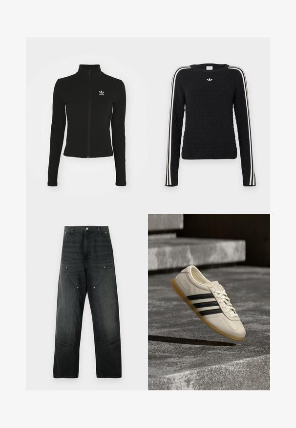 Must mustressede jakk, millel on pikad varrukad ja mis on valmistatud tekstuurilisest materjalist, ning mille vasakul rinnaku kohal on väike sinine Adidas'i logo.; Mustast kootud kampsun, millel on tekstuuriga pind, pikad varrukad, ümara kaelusega ning valgete küljeribadega ja rinnal tikitud logoga.; Mustad laia säärega teksapüksid kõrge vöökohaga, nööpidega sulgur, vööaasadega, üle suurte esipõllega taskutega, millel on tihvti detailid.; Valge toss mustade triipude ja kummist tallaga hõljub pehme päevavalguse käes betoontreppide kohal.