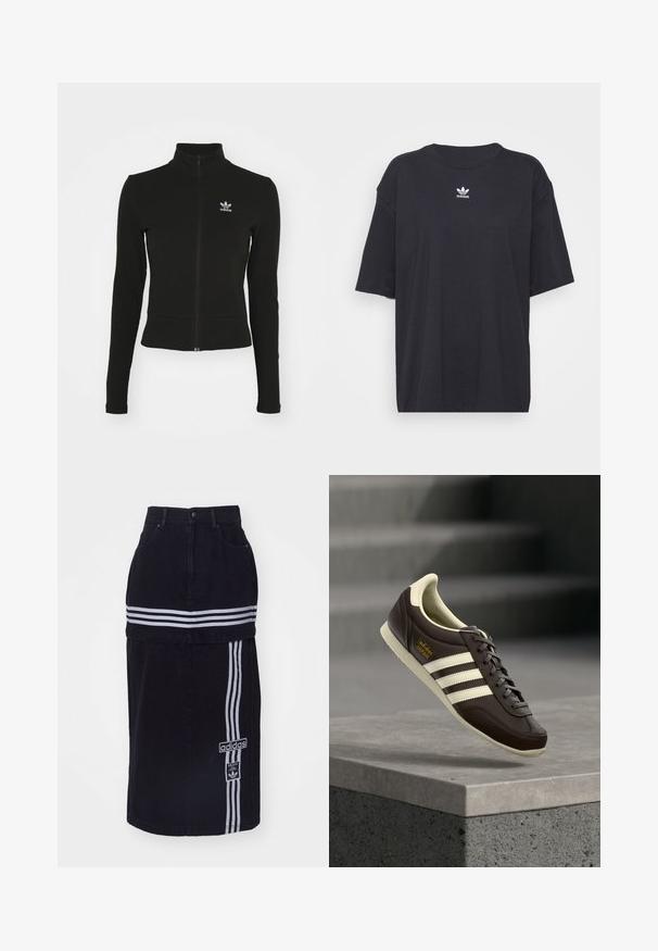 Zwarte zip-up jas met lange mouwen, gemaakt van textuurmateriaal, met een klein blauw Adidas-logo op de linkerborst.; Zwarte katoenen T-shirt met korte mouwen, ronde halslijn, voorzien van een wit Adidas-logo op de borst. Eenvoudig ontwerp, comfortabele pasvorm.; Zwarte spijkerrok met een hoge taille, voorzien van twee witte horizontale strepen, een Adidas logo tag aan de zijkant en een recht gesneden ontwerp.; Bruine Adidas Japan sneaker met witte strepen en zool, zwevend in de lucht boven een betonnen richel met wazige trappen op de achtergrond.