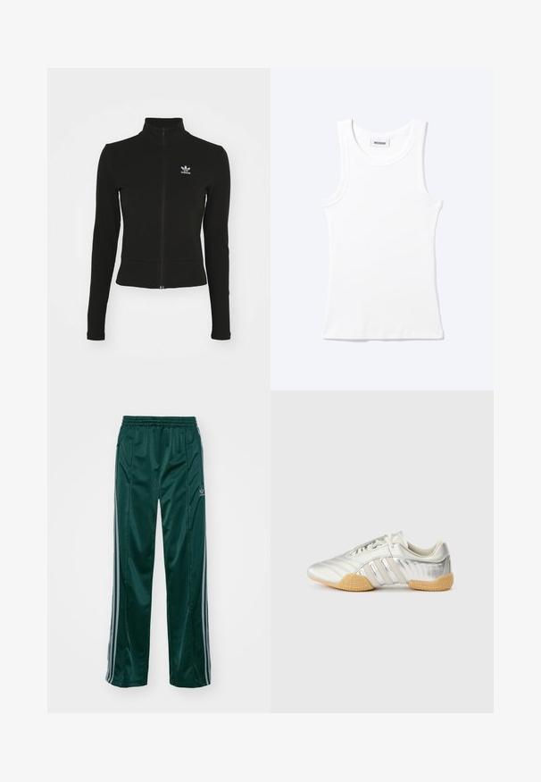 Must mustressede jakk, millel on pikad varrukad ja mis on valmistatud tekstuurilisest materjalist, ning mille vasakul rinnaku kohal on väike sinine Adidas'i logo.; Valge taskuteta soonikust top ümarate kaelusega ja väike silt, millel on kiri "WEEKDAY", krae sees.; Tumedad roheline sportpants, mis on valmistatud läikivast materjalist, külgedel on heledates hallides triipudes ja vasakul jalal on broderdatud logo.; Hõbedane spordijalats, millel on siledast nahast pealmine osa, kummist tallad ja tekstuuriga detailid. Omadused hõlmavad kõverdatud kujundust ja toonitoonilisi paelu.
