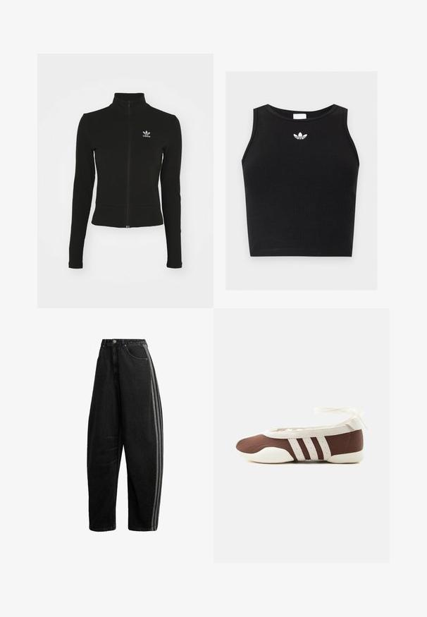 Sort zip-up jakke med lange ærmer, lavet af tekstureret materiale, med et lille blåt Adidas-logo på venstre bryst.; Sort ribbet ærmeløs crop top med rund halsudskæring og lille hvid Adidas trefoil-logo centreret nær kraven.; Sorte vidde jeans med høj talje, knap- og lynlås lukning, forlommer og to grå striber ned langs de ydre sidesømme.; Brun og hvid balletflad sko med tre hvide striber og ankelbånds sløjfe på en ensartet lys baggrund.
