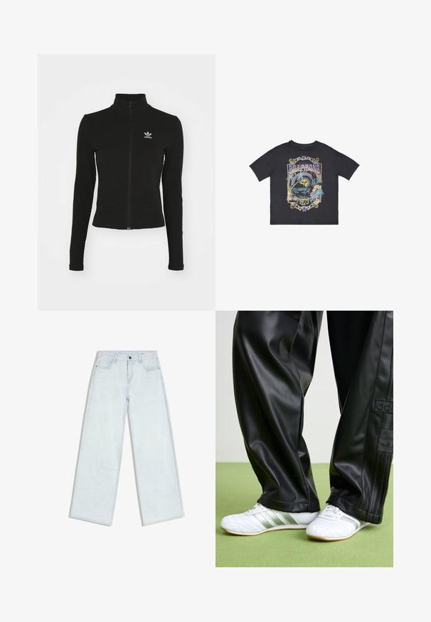 Musta vetoketjullinen takki pitkillä hihoilla, valmistettu teksturoidusta materiaalista, jossa on pieni sininen Adidas-logo vasemmalla rintapielessä.; Musta puuvillapaita, jossa on värikäs graafinen kuvasto, johon kuuluu palmupuita, aurinko ja kukka-elementtejä, ja jossa lukee "BILLABONG 1973."; Vaaleansiniset leveälahkeiset farkut, joissa on edessä nappi ja vetoketju, vyölenkit ja viiden taskun muotoilu, aseteltuna tasaisesti valkoisen taustan päälle.; Musta tekonahkahanat, joissa on ympäröivä fit, sileä pinta ja sivusuunnassa olevat raidat. Yhdistetty valkoisiin lenkkareihin, joissa on hopeisia yksityiskohtia.