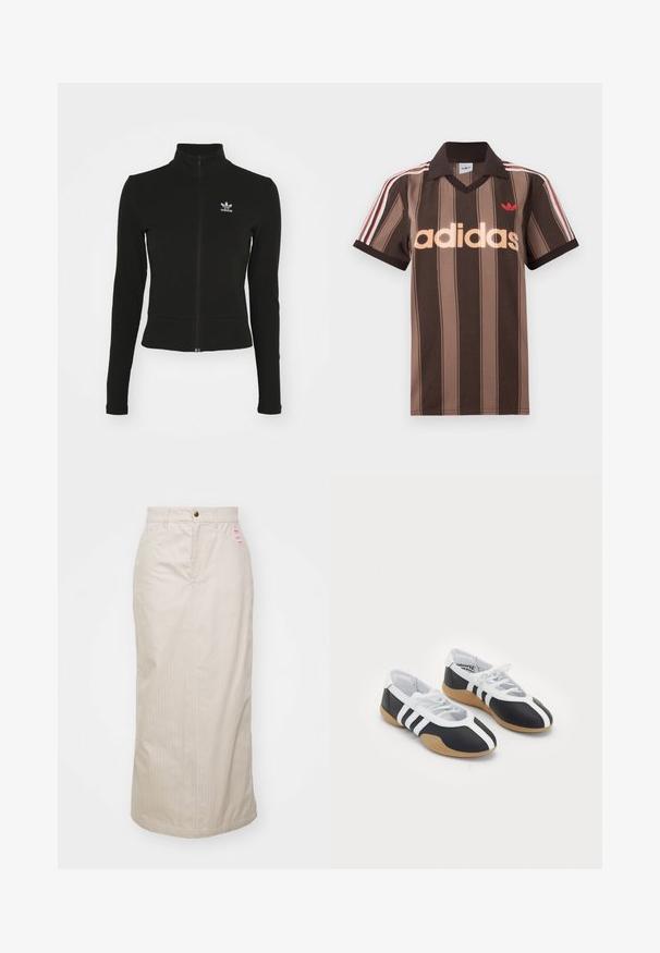 Čierna zipsová bunda s dlhými rukávmi, vyrobená z textúrovaného materiálu, s malým modrým logom Adidas na ľavej hrudi.; Hnedé prúžkované polo tričko Adidas s výstrihom do V, bordovým golierom a červeným logom. Má bielo-červené pruhy na ramenách a krátke rukávy.; Béžová sukňa s pruhmi a vysokým pásom, skrytý zips a kovové zapínanie na gombík. Obsahuje malú značkovú etiketu na prednej strane.; Čierne a biele športové topánky s elegantným dizajnom, gumovou podrážkou, šnurovaním a tromi bielymi prúžkami na bokoch.