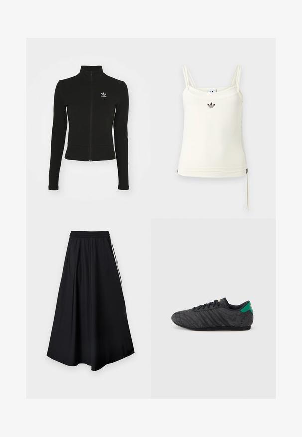Must mustressede jakk, millel on pikad varrukad ja mis on valmistatud tekstuurilisest materjalist, ning mille vasakul rinnaku kohal on väike sinine Adidas'i logo.; Kreemikas sangadega top, seljal õhukesed rihmad; Adidas'i logo mustana rinnal. Sile kangas, alumises servas nöördetail. Lihtne disain.; Mustad laia lõikega püksid kummiga vöökohal ja valgete küljeribadega, esitatud tühjal valgel taustal.; Must madala profiiliga tennisejalanõu õrna lillemustriga, mustade paelte, rohelise kontsapleki ja kuldse logoga keelel ja kannal.