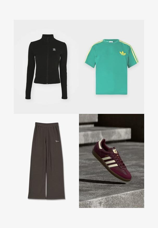 Zwarte zip-up jas met lange mouwen, gemaakt van textuurmateriaal, met een klein blauw Adidas-logo op de linkerborst.; Groen katoenen T-shirt met korte mouwen, met gele strepen langs de schouders en een geborduurd logo van drie bladeren op de borst.; Bruine broek met wijde pijpen en geribbelde textuur, voorzien van een elastische tailleband. Heeft een wit geborduurde merknaam op de linkerheup.; Bordeauxrode sneaker met getextureerd leer, drie witte strepen en gouden accenten. Rubberen zool, klassiek Samba-ontwerp en ademende mesh details.