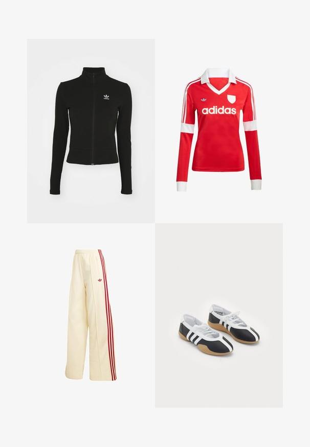 Doudoune noire zippée avec manches longues, fabriquée en matériau texturé, affichant un petit logo Adidas bleu sur la poitrine gauche.; Maillot de football à manches longues rouge avec un col et des poignets blancs. Présente trois rayures blanches sur les épaules et le logo "adidas" affiché en évidence.; Pantalon de survêtement ample couleur crème avec bandes latérales rouges, taille élastique, poche zippée et logo Adidas rouge sur la cuisse.; Baskets de sport noir et blanc au design élégant, semelle en caoutchouc, fermeture à lacets et trois rayures blanches sur les côtés.