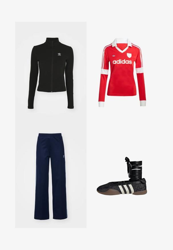 Čierna zipsová bunda s dlhými rukávmi, vyrobená z textúrovaného materiálu, s malým modrým logom Adidas na ľavej hrudi.; Červený futbalový dres s dlhým rukávom a bielym golierom a manžetami. Na ramenách sú tri biele pruhy a výrazne zobrazené logo "adidas".; Námornícke nohavice z bavlneného zmesi s širokým strihom, elastickým pásom a zipsovými vreckami, s bielymi bočnými pruhmi a detailom loga.; Čierna baletná balerína s kvetinovým vzorom, biely dizajn s tromi pruhmi a textilným zapínaním okolo členka. Štruktúrovaný materiál a ohybná hnedá podrážka.